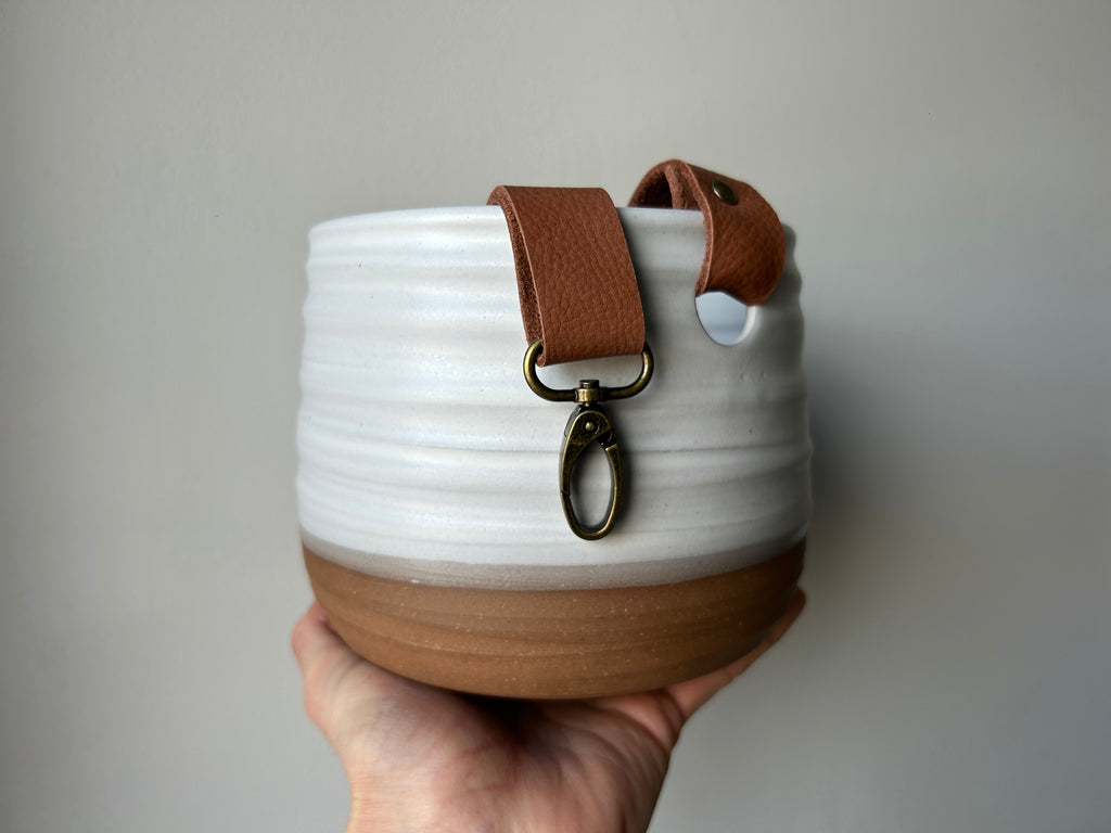 hanging planter with leather strap hanging planter – night shift stoneware