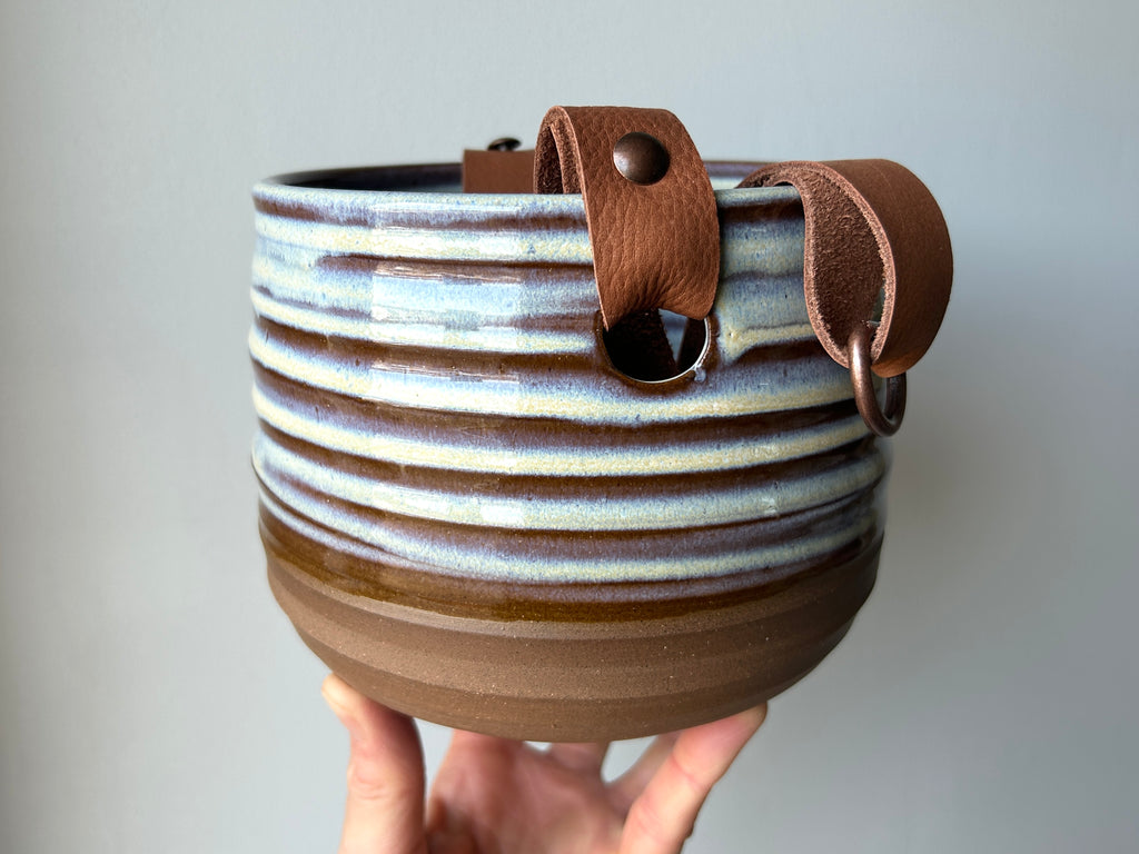 hanging planter with leather strap hanging planter – night shift stoneware